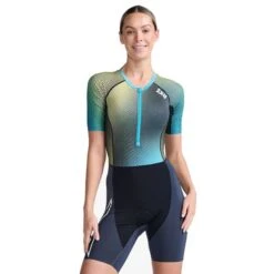 2XU Aero Short Sleeve Trisuit Blue Yellow Black Women