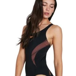 Speedo Placement Muscleback Swimsuit Black White Women -Flow Stroke Sales so 8 08694h022 004