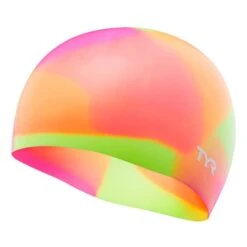 TYR Tie Dye Silicone Swim Cap Pink Yellow Orange Kids