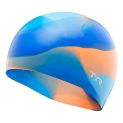 TYR Tie Dye Silicone Swimming Cap Blue Orange Kids