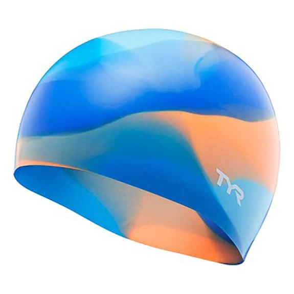 TYR Tie Dye Silicone Swimming Cap Blue Orange Kids 1 TYR Tie Dye Silicone Swimming Cap Blue Orange Kids